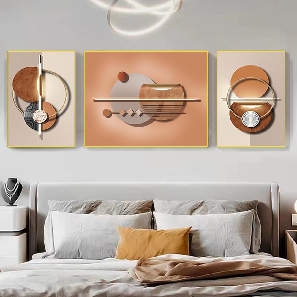 HMR - 3-Pieces Modern Geometric Abstract Wall Decor Set Canvas with Frame Living Room
