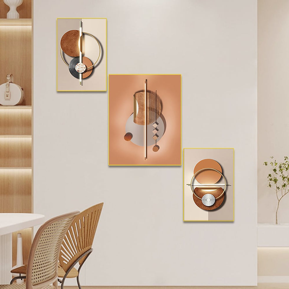 HMR - 3-Pieces Modern Geometric Abstract Wall Decor Set Canvas with Frame Living Room