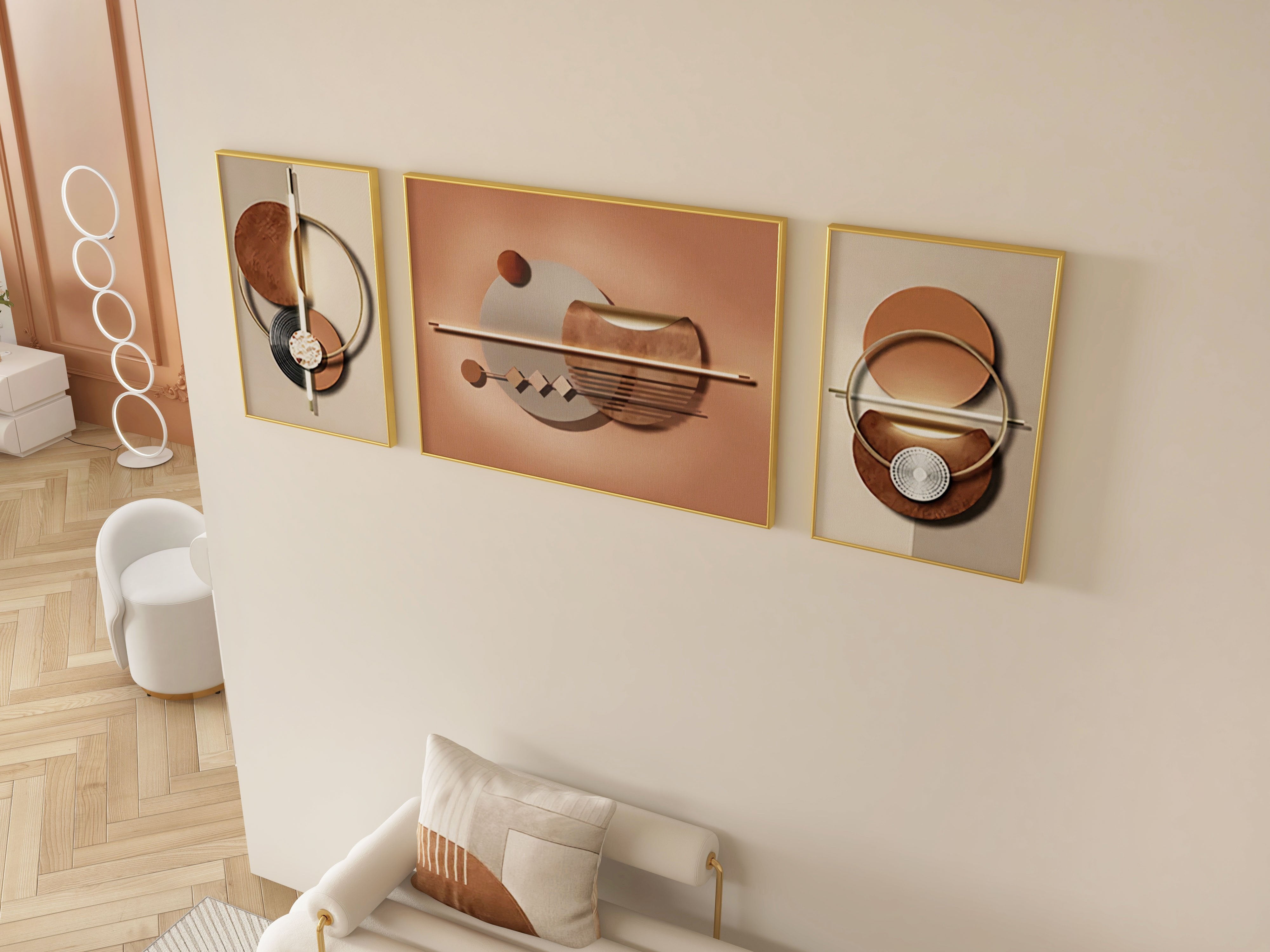 HMR - 3-Pieces Modern Geometric Abstract Wall Decor Set Canvas with Frame Living Room
