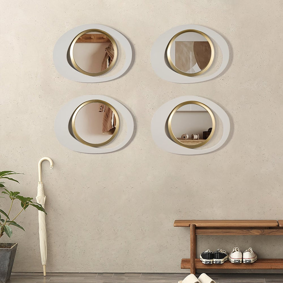 HMR - Modern 4-Piece 23.6" Large White & Gold Abstract Geometry Wall Mirror Decor Living Room