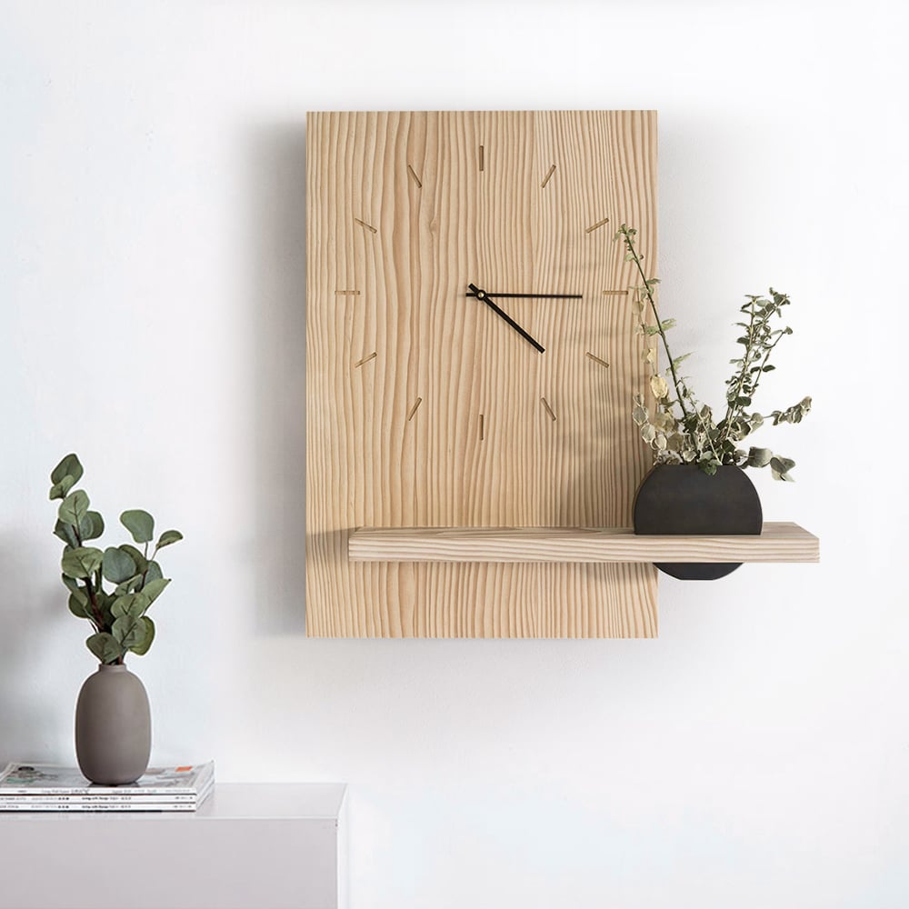 HMR - Japandi Natural Wood Rectangle Wall Clock with Black Vase Decor Living Room Bedroom