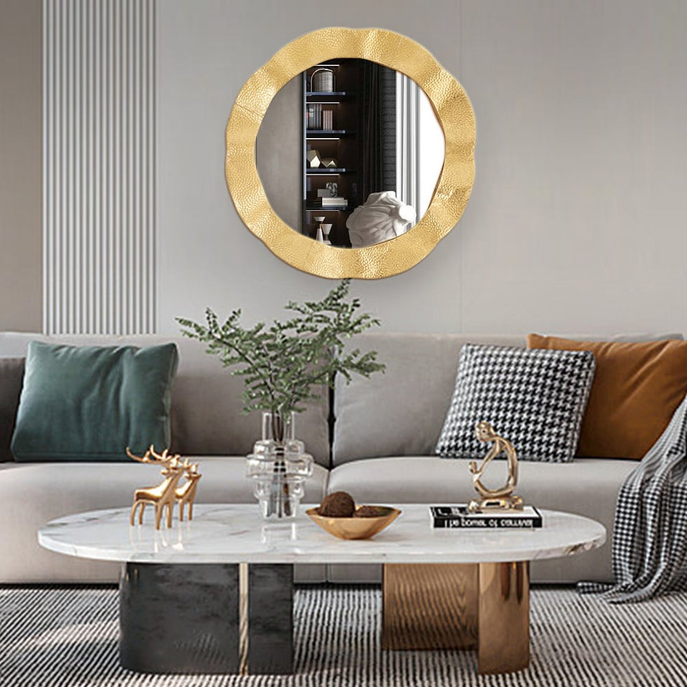 HMR - 24" Large Glam Gold Round Wall Mirror Decor Art for Living Room Bedroom