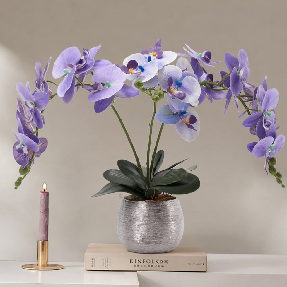 HMR - Artificial Purple Orchids in Vase Set