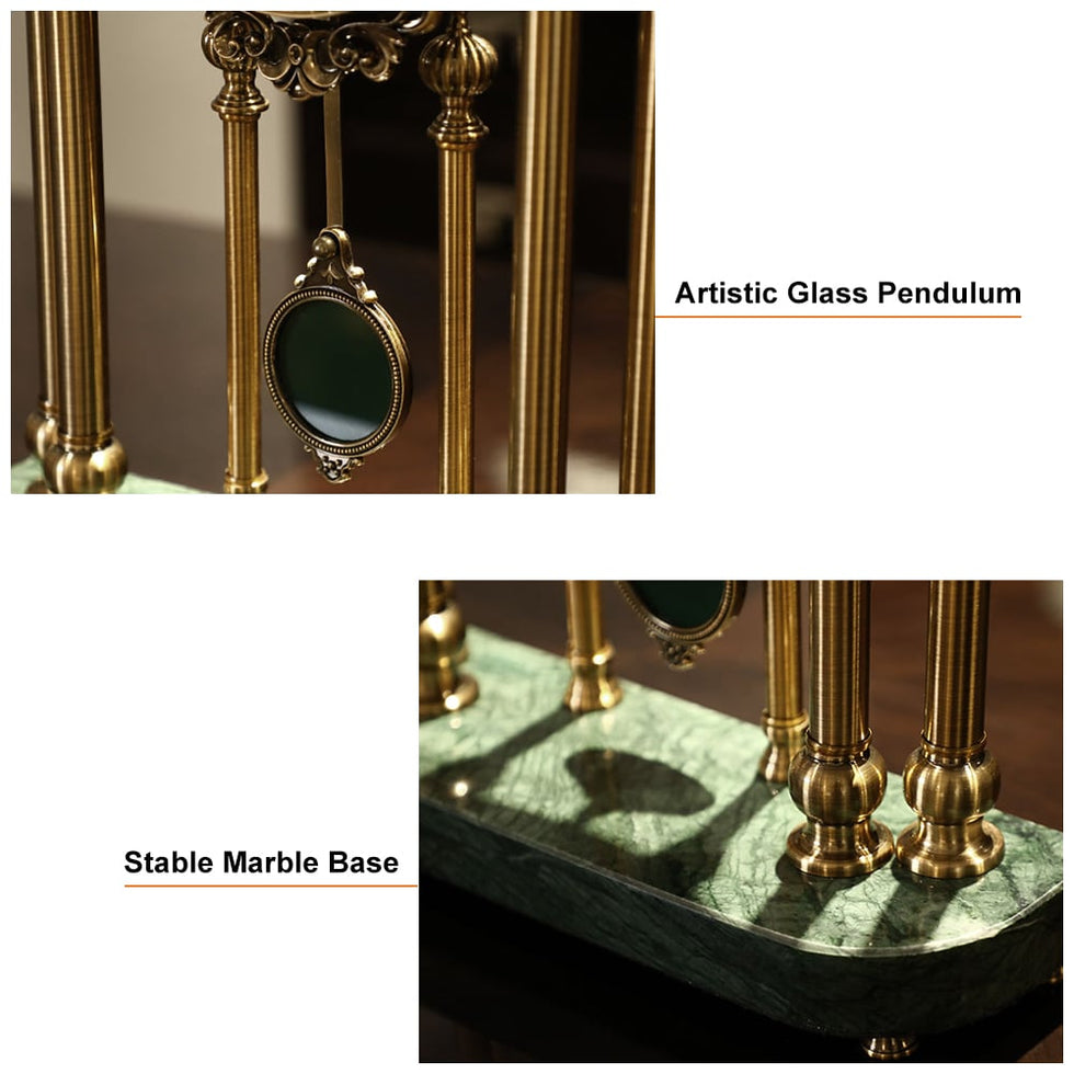HMR - Traditional Metal Bronze Round Mantel & Table Top Clock with Pendulum Green Marble Base