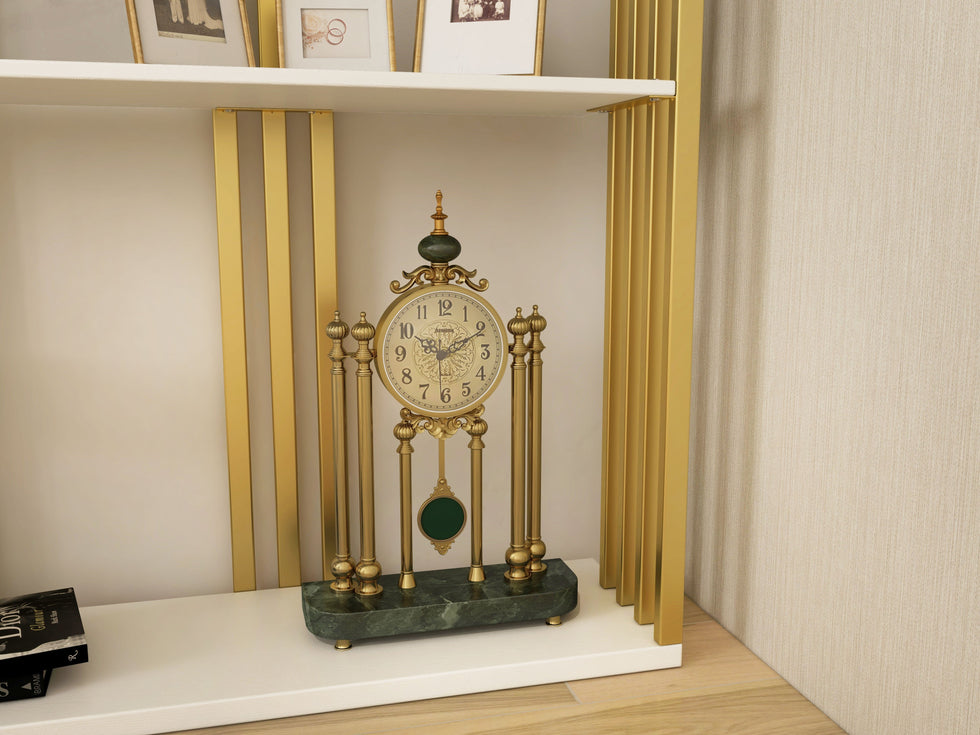 HMR - Traditional Metal Bronze Round Mantel & Table Top Clock with Pendulum Green Marble Base