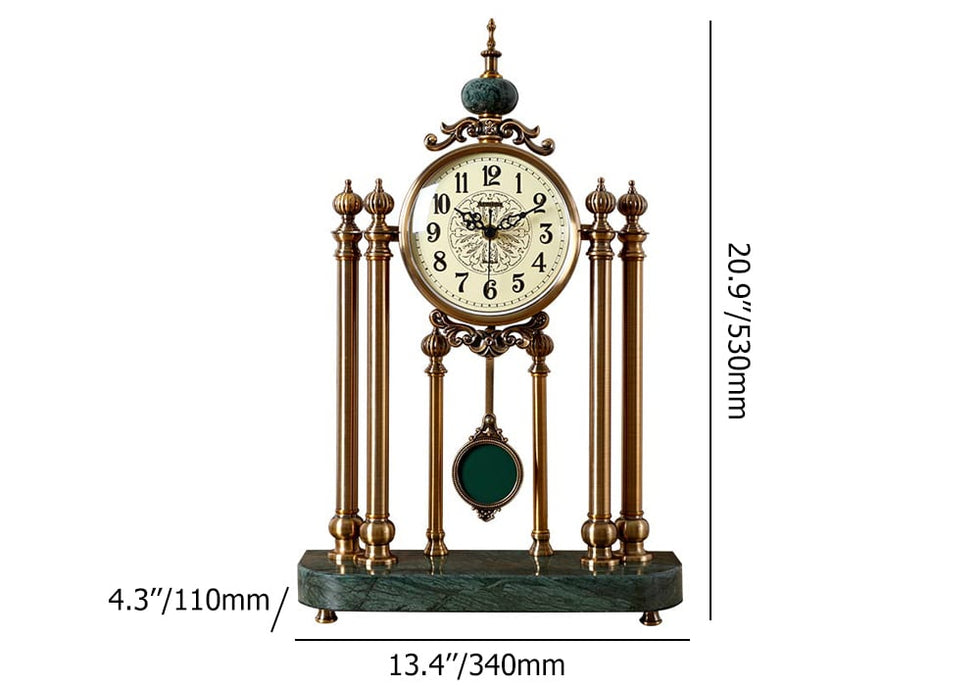 HMR - Traditional Metal Bronze Round Mantel & Table Top Clock with Pendulum Green Marble Base
