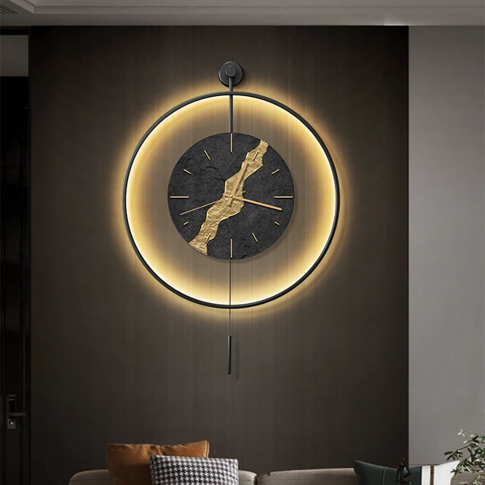 HMR - Black & Gold LED Light Pendulum Wall Clock Metal Wall Art Silent Wall Clock
