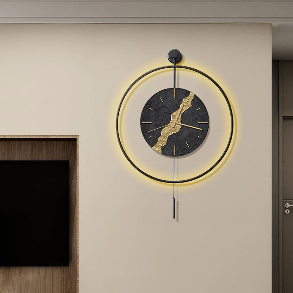 HMR - Black & Gold LED Light Pendulum Wall Clock Metal Wall Art Silent Wall Clock