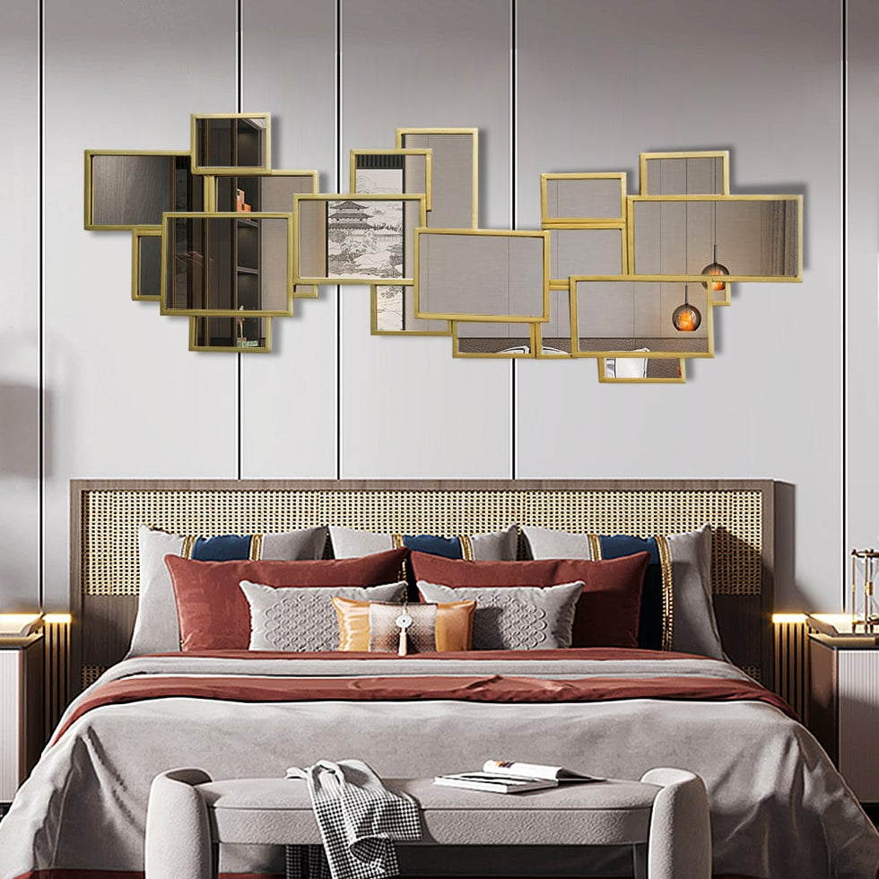 HMR - 50.8" x 19.3" Modern Square & Rectangle 3D Panel Wall Mirror Decor Art with Gold Frame