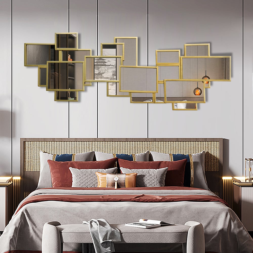 HMR - 50.8" x 19.3" Modern Square & Rectangle 3D Panel Wall Mirror Decor Art with Gold Frame
