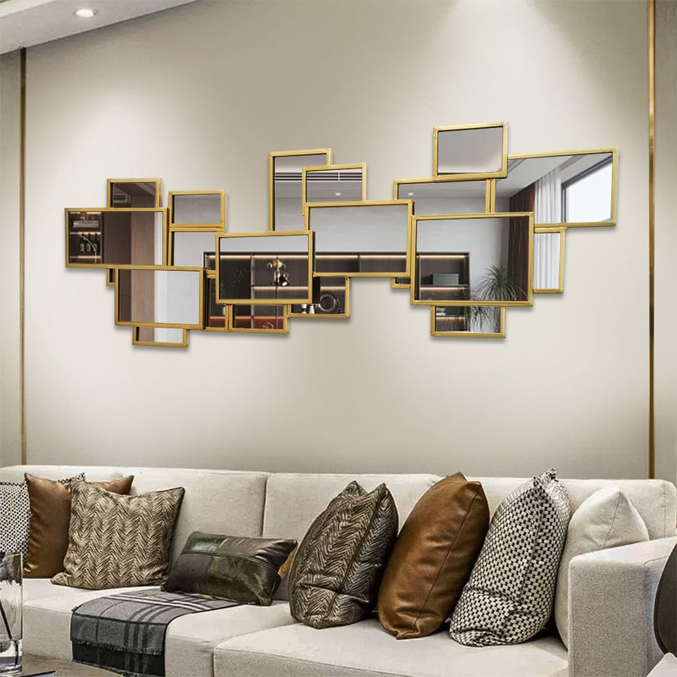 HMR - 50.8" x 19.3" Modern Square & Rectangle 3D Panel Wall Mirror Decor Art with Gold Frame