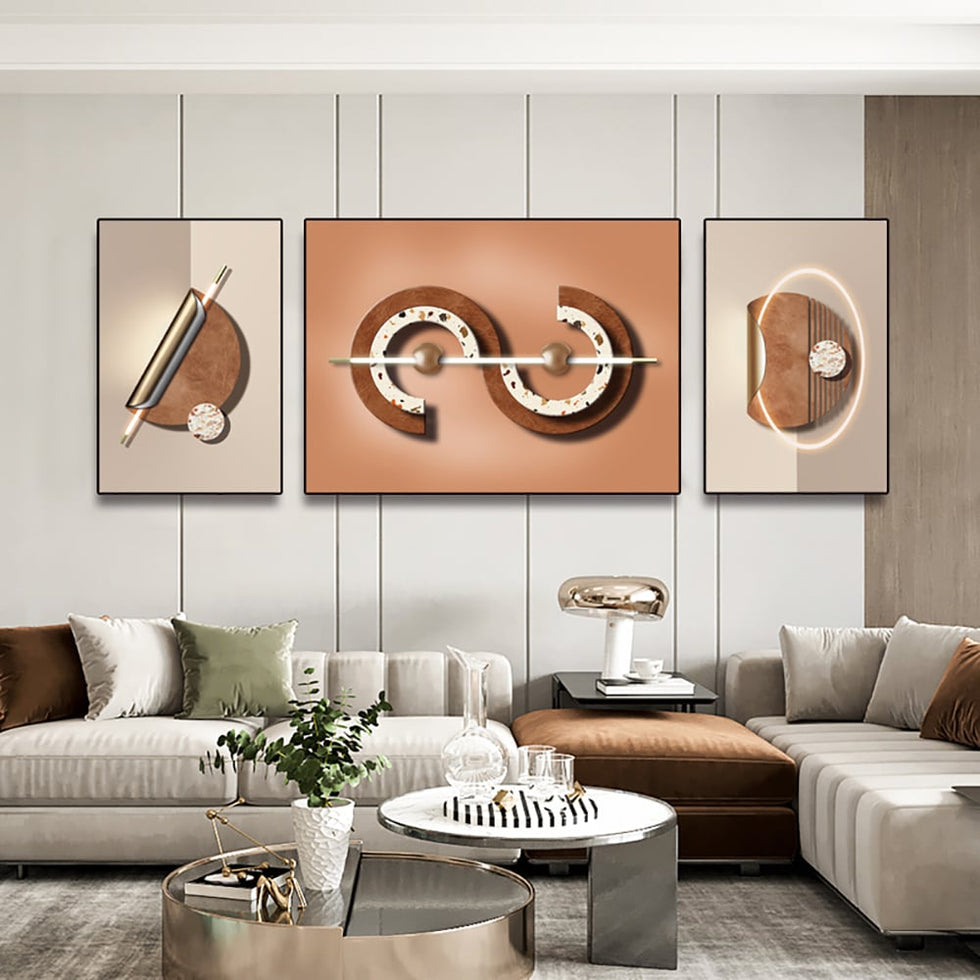 HMR - 3-Pieces Modern Geometric Abstract Wall Decor Set Canvas with Frame Living Room