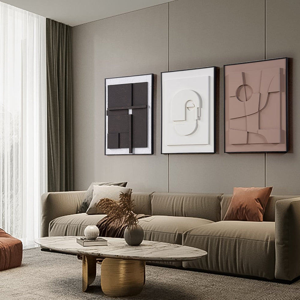 HMR - 3 Pieces Japandi Canvas Wall Art Print Hanging Wall Decor Set with Rectangle Frame