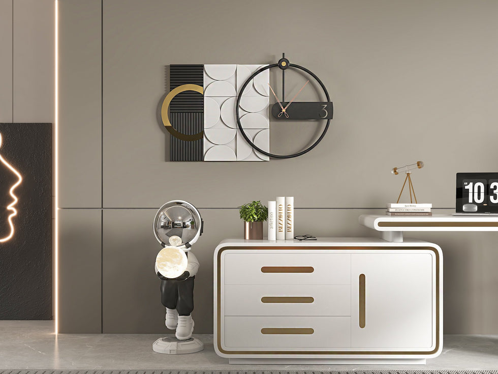 HMR - 30" Large Metal Geometric Wall Clock with Wood Pointer Modern Home Decor Black & Gray