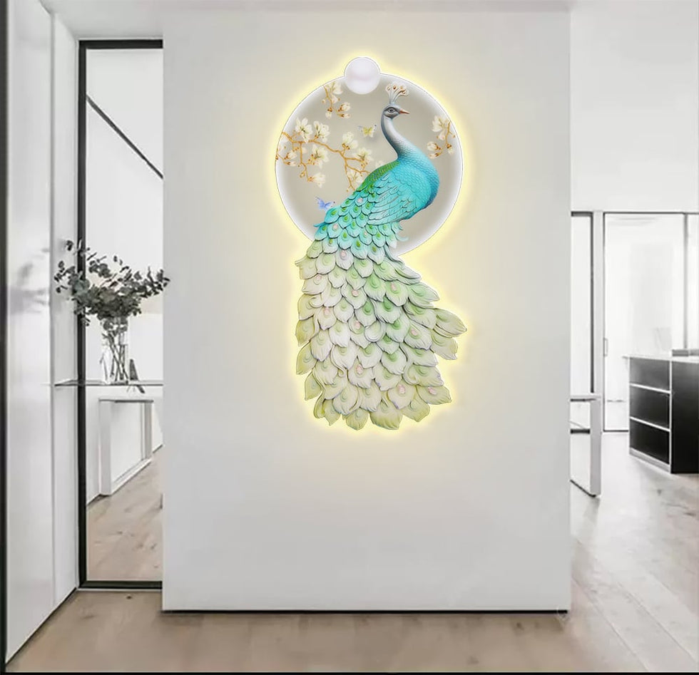 HMR - 31.5" LED Acrylic Peacock Wall Art Modern Abstract Geometric Decor USB Charging
