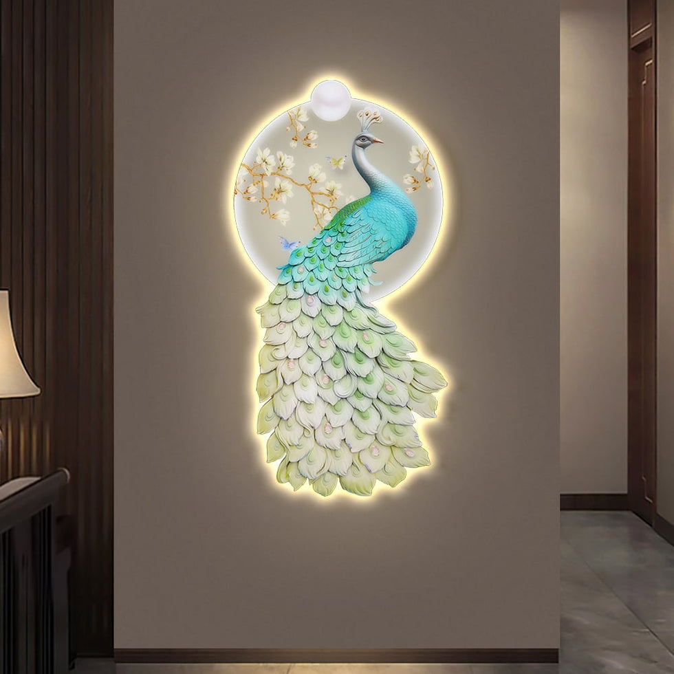 HMR - 31.5" LED Acrylic Peacock Wall Art Modern Abstract Geometric Decor USB Charging