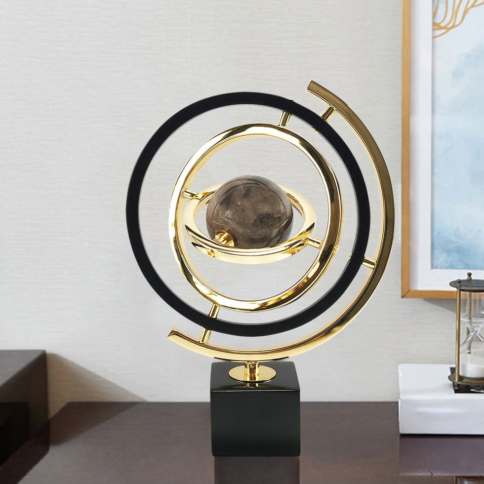 HMR - Modern Abstract Metal Black & Gold Globe Ornament Sculpture Decor with Rectangle Stand