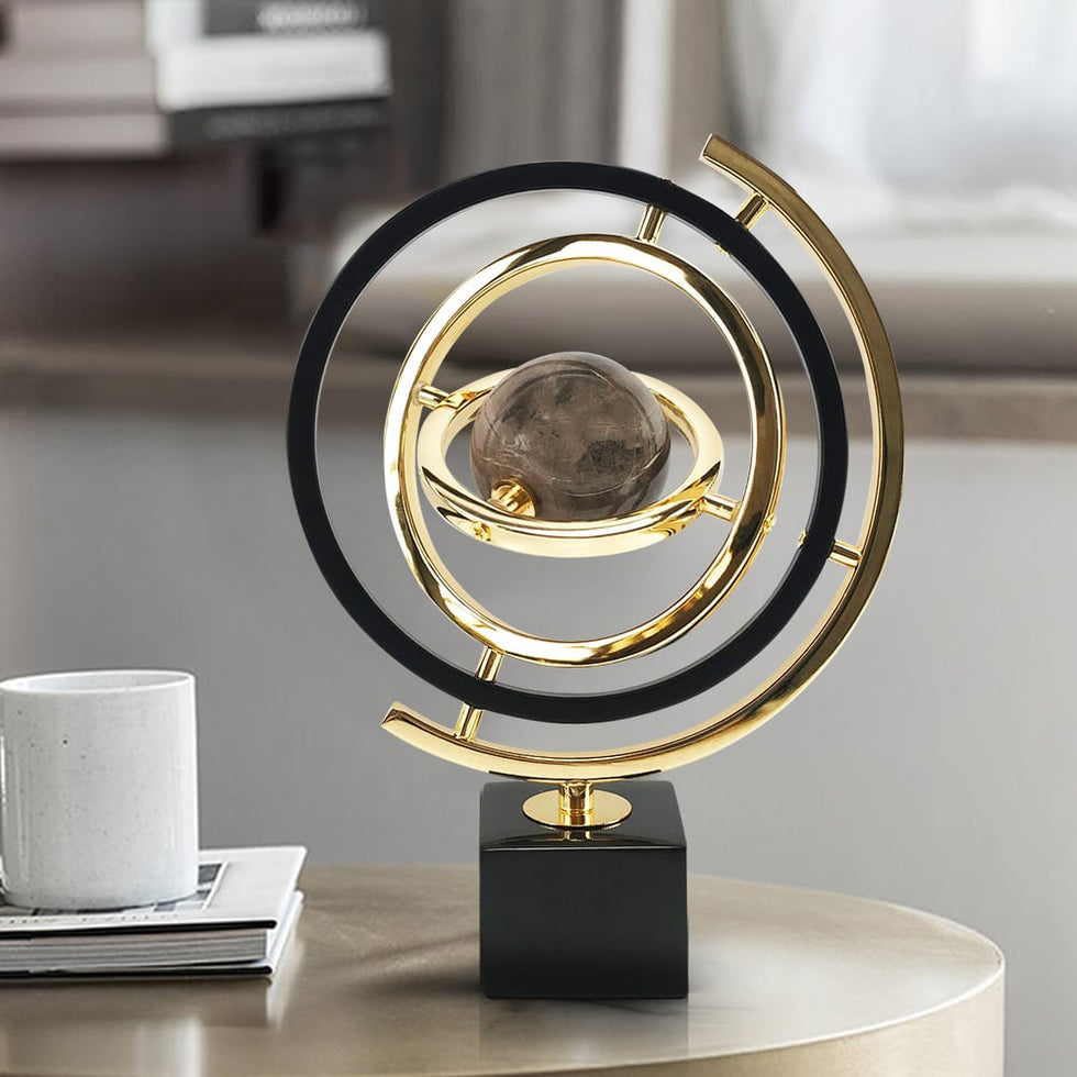HMR - Modern Abstract Metal Black & Gold Globe Ornament Sculpture Decor with Rectangle Stand