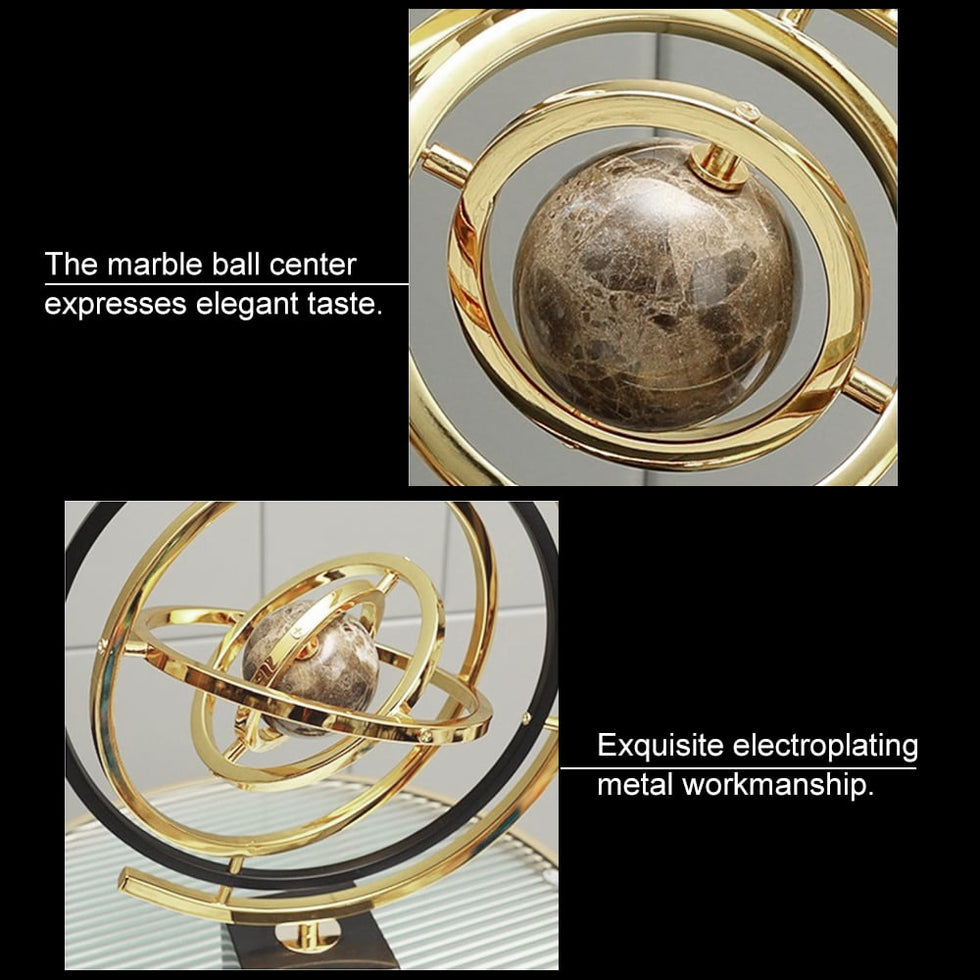 HMR - Modern Abstract Metal Black & Gold Globe Ornament Sculpture Decor with Rectangle Stand