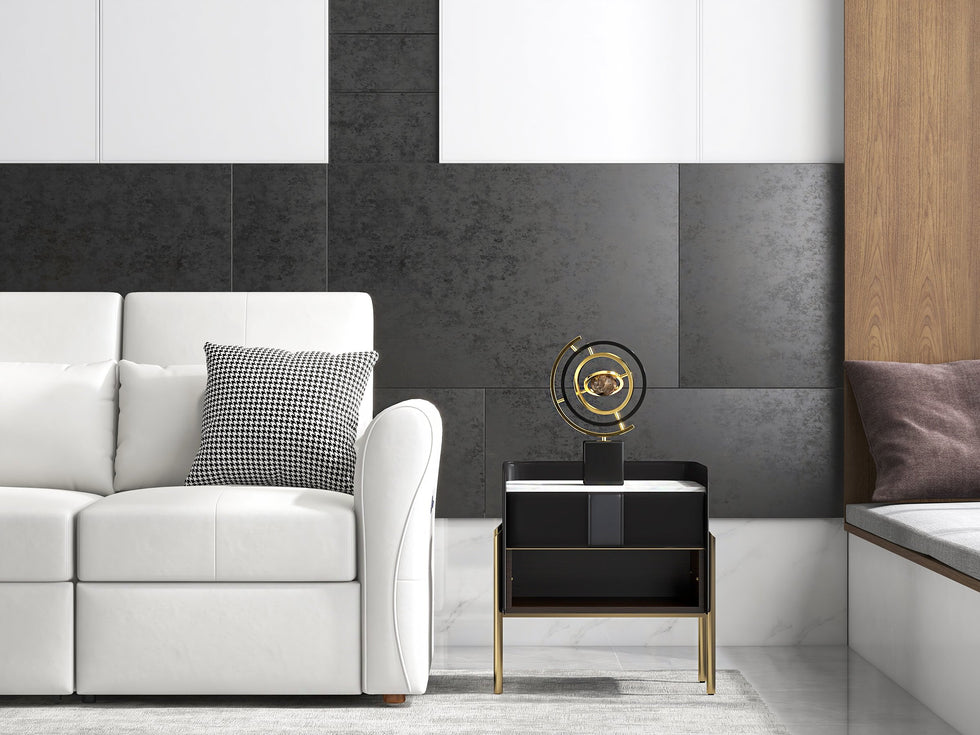 HMR - Modern Abstract Metal Black & Gold Globe Ornament Sculpture Decor with Rectangle Stand