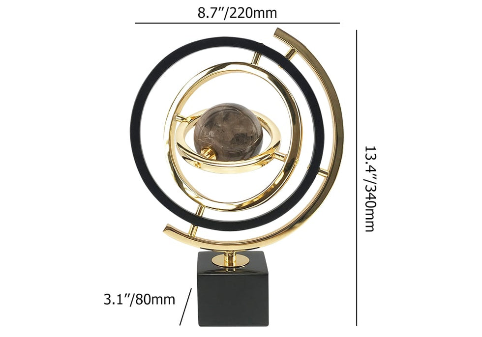 HMR - Modern Abstract Metal Black & Gold Globe Ornament Sculpture Decor with Rectangle Stand