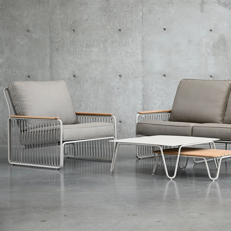 Mobital - Lucerne Sofa in Sandhill Sunproof Fabric, Teak Armrest