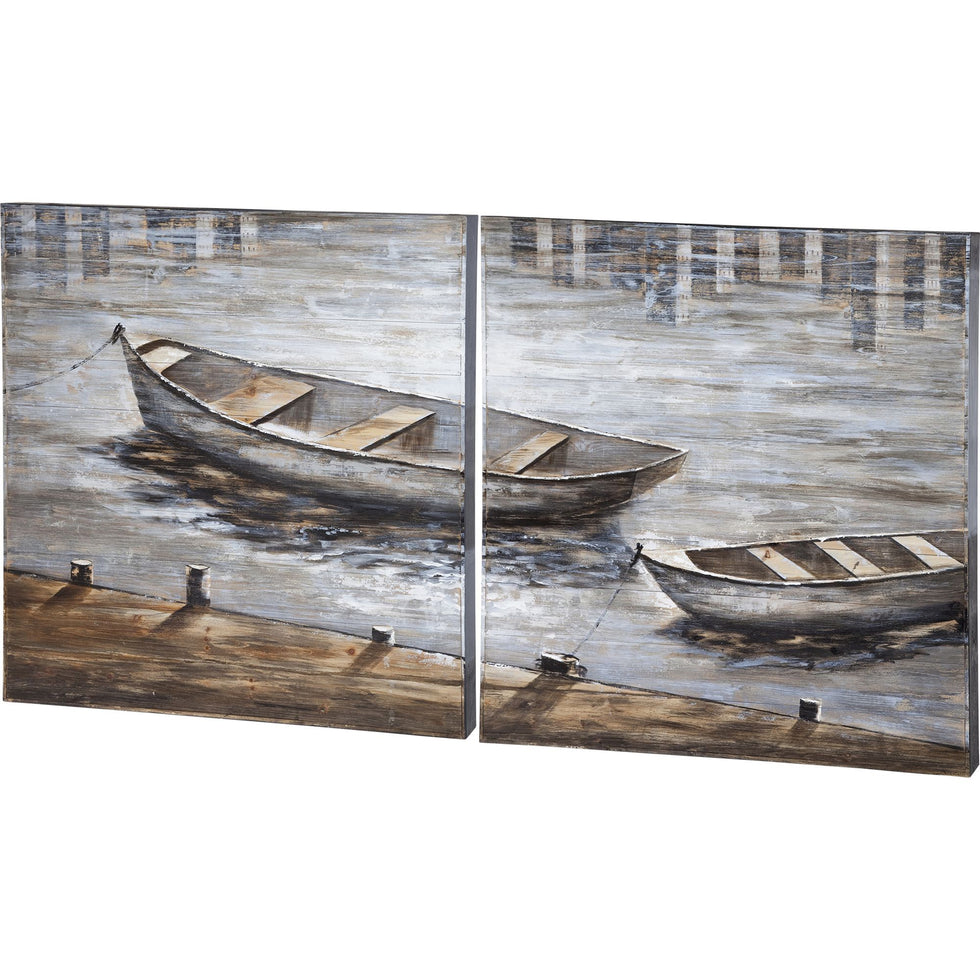Mercana - Creekside Diptych 80x40 Boats Original Hand Painted on Wood Oil Painting