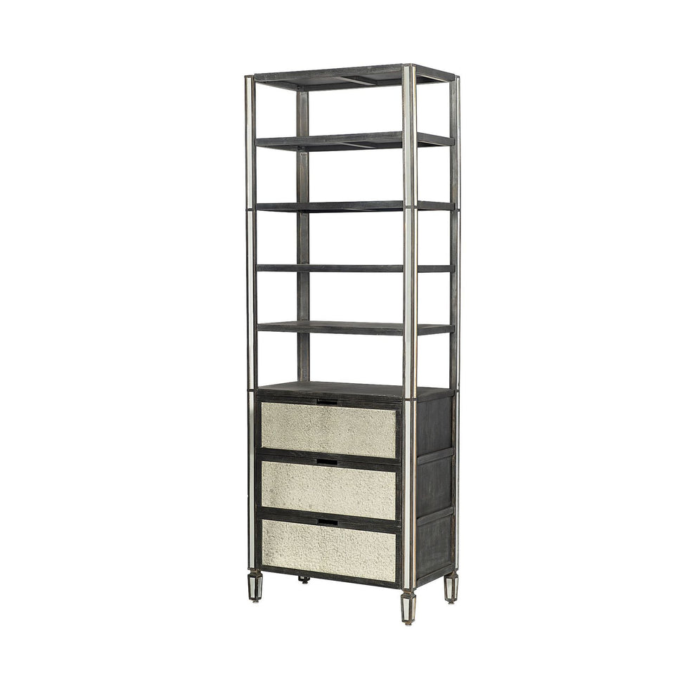 Mercana - Sunnyvale Dark Brown Solid Wood and Mirrored Glass 4 Shelf Shelving Unit