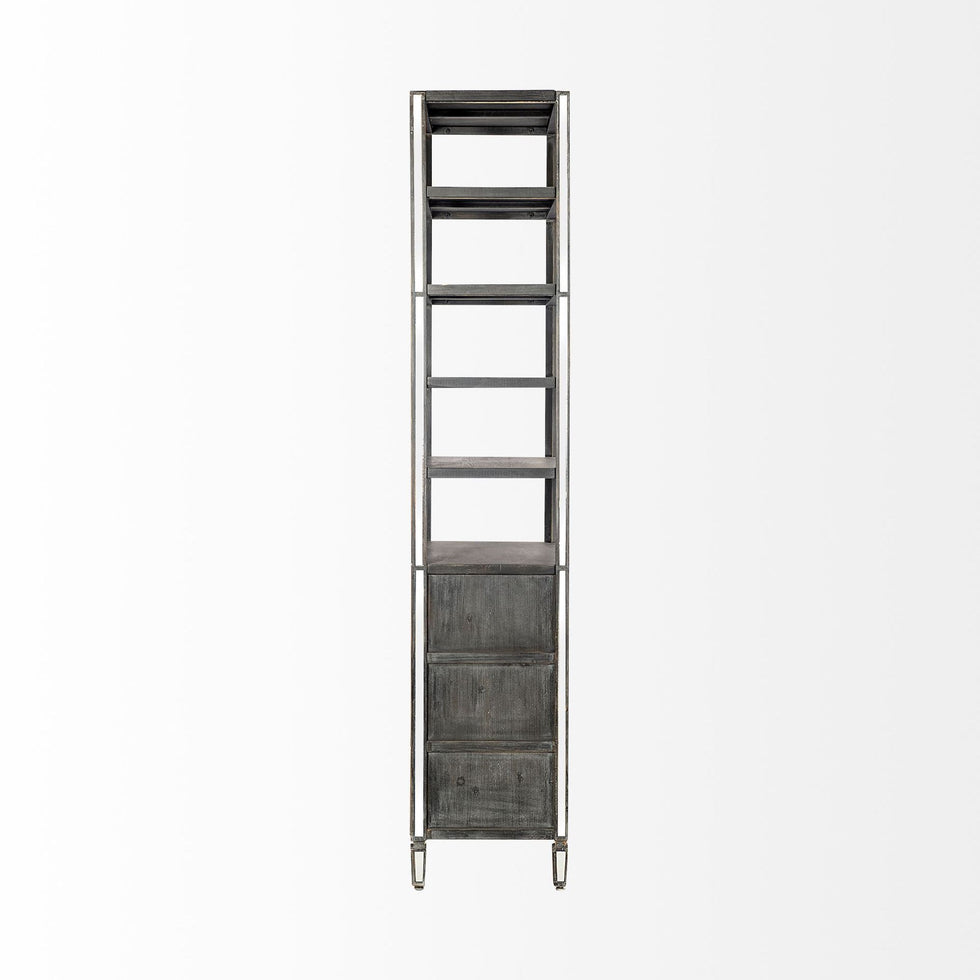 Mercana - Sunnyvale Dark Brown Solid Wood and Mirrored Glass 4 Shelf Shelving Unit