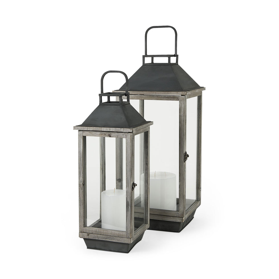 Mercana - Keyrock Brown Wood Metal Candle Holder Lanterns (Set of 2)