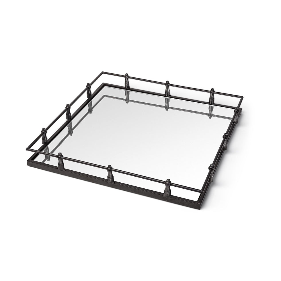 Mercana - Christa 22L x 22W Black Metal Mirrored Base Square Tray