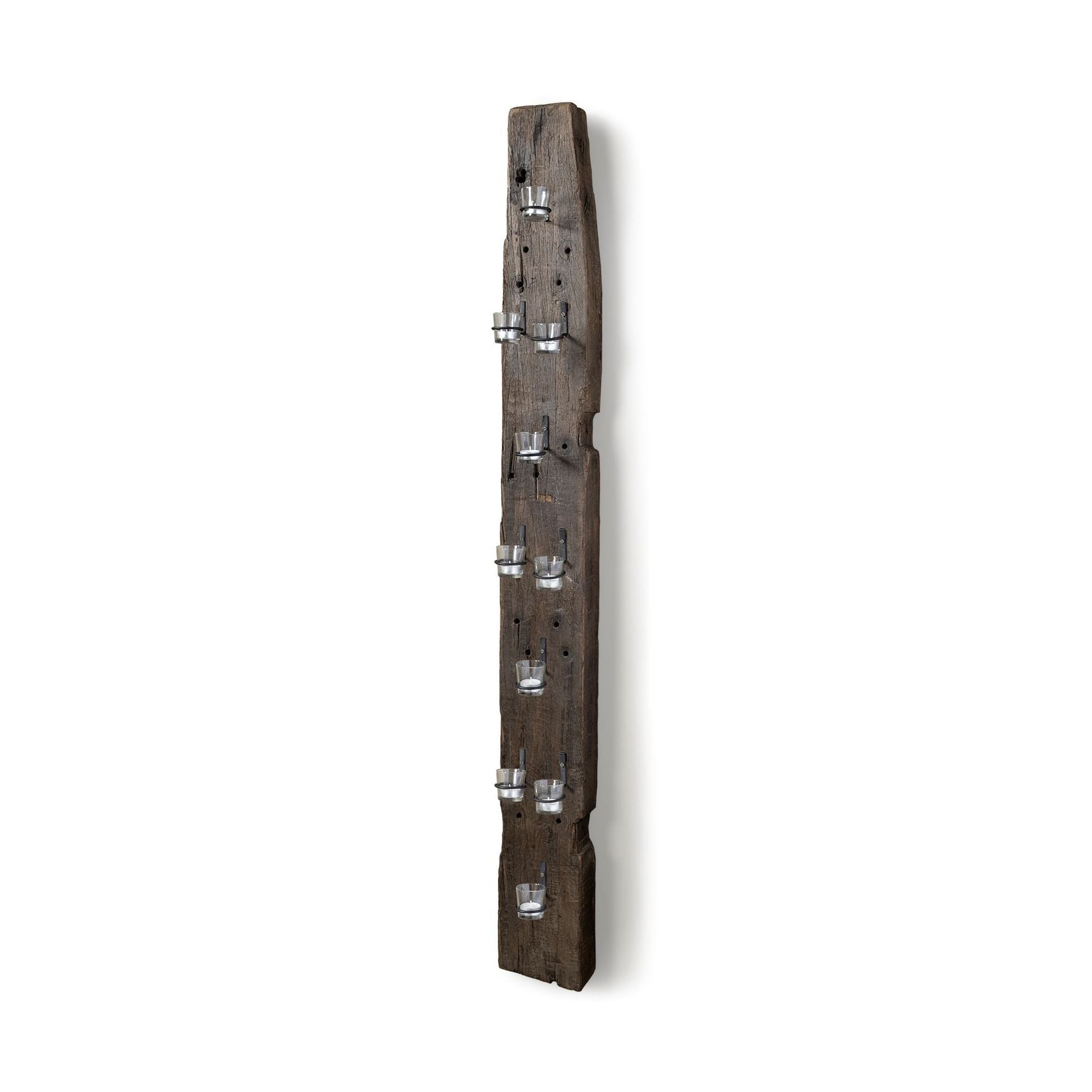 Mercana - Burlington 66"H Brown Reclaimed Wood 10 Metal Ring Wall Candle Holder