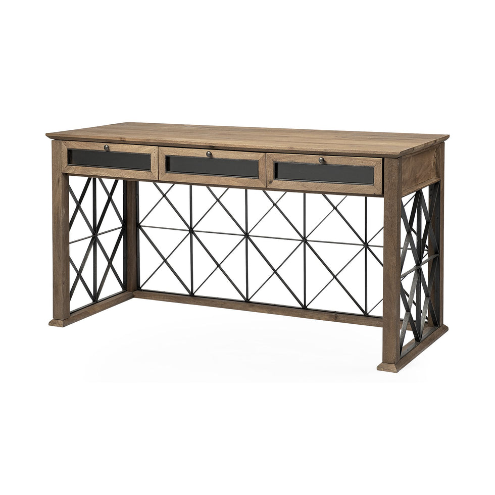 Mercana - Eldorado III Brown Wood Metal Cross-Hatch 3 Drawer Office Desk