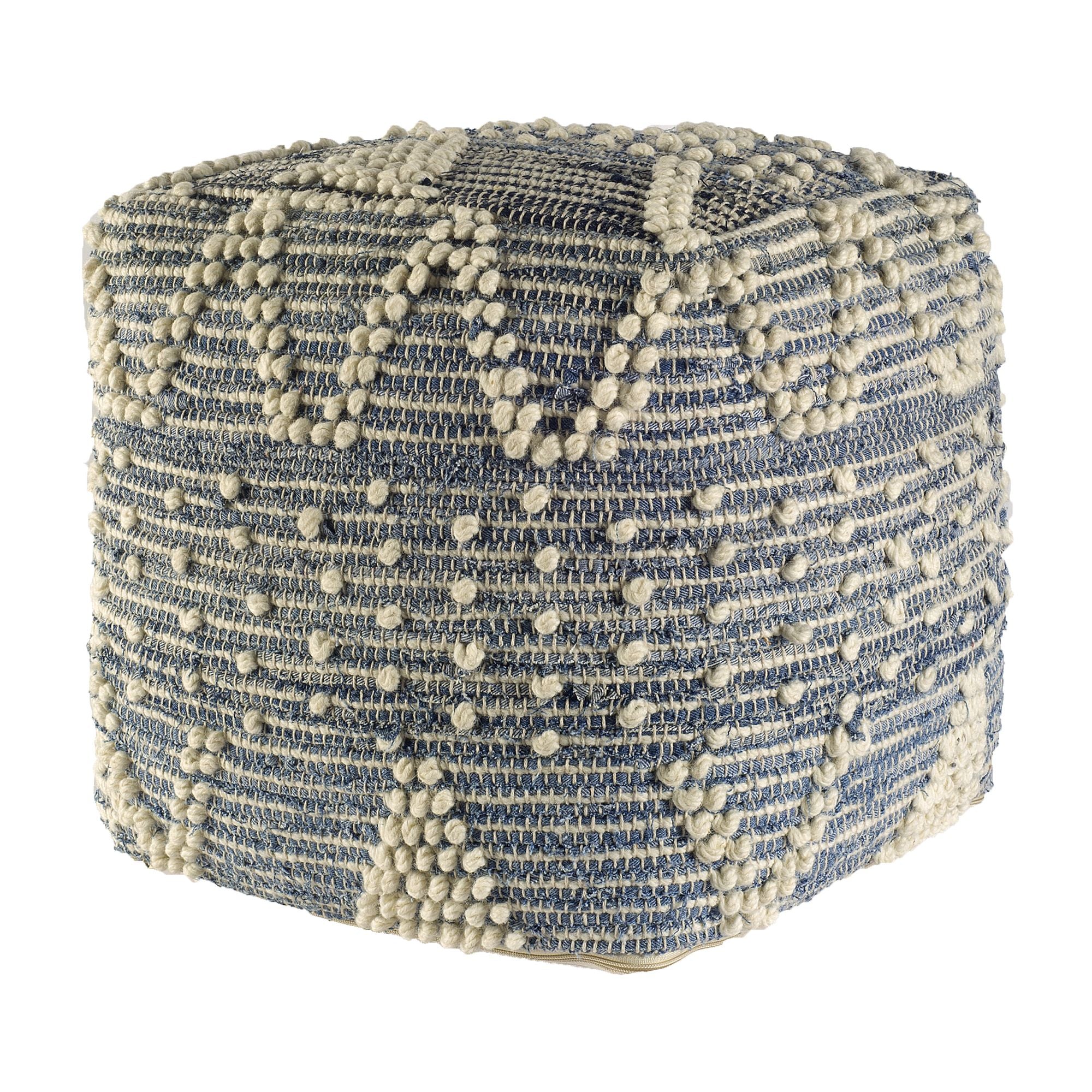 Mercana - Rofi Blue Denim and Cream Cotton Stitched Square Pouf