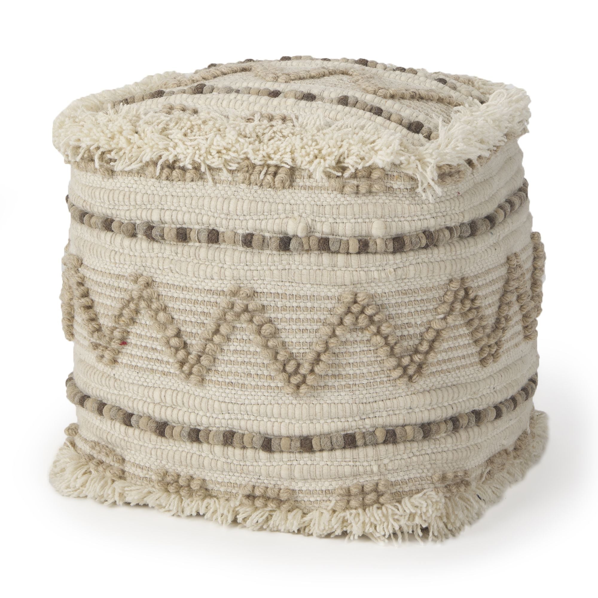 Mercana - Caela Beige/Brown Wool, Cotton and Felt Popcorn Stitch Square Pouf