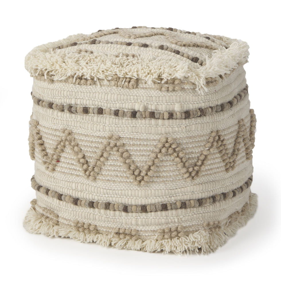 Mercana - Caela Beige/Brown Wool, Cotton and Felt Popcorn Stitch Square Pouf