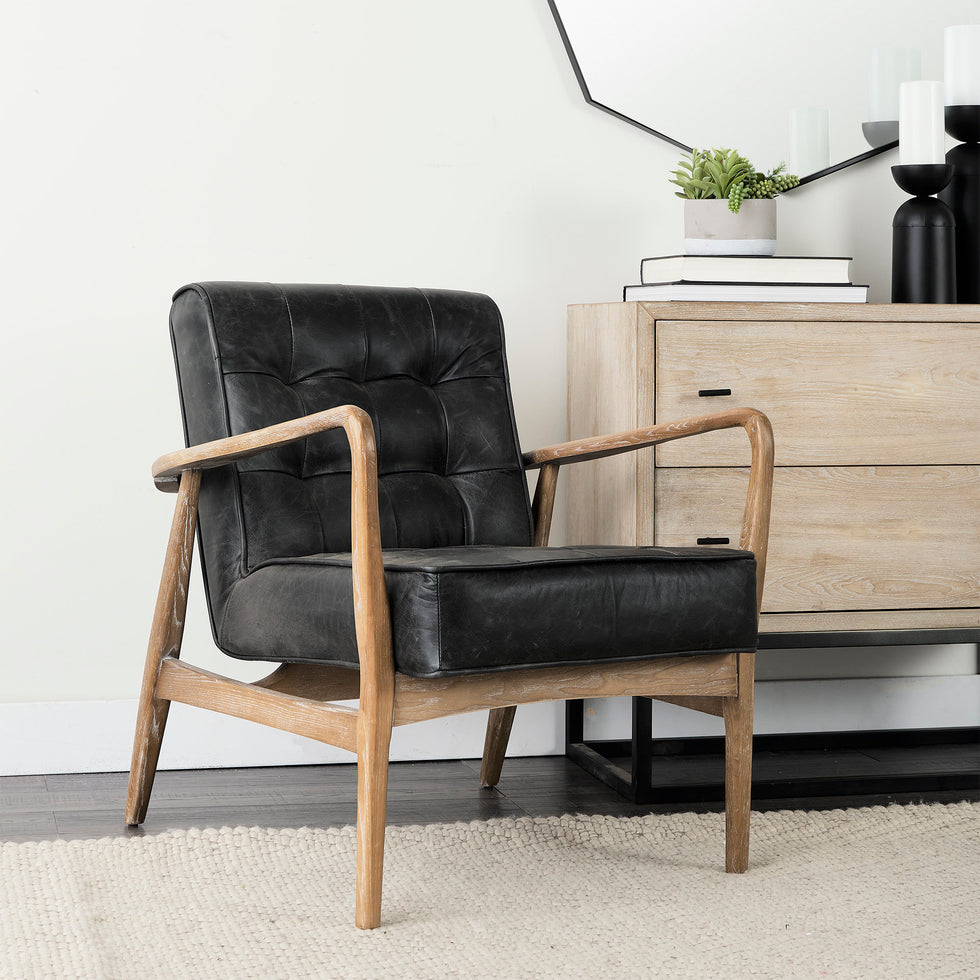 Mercana - Phineas Leather Accent Chair in Black, Fabric