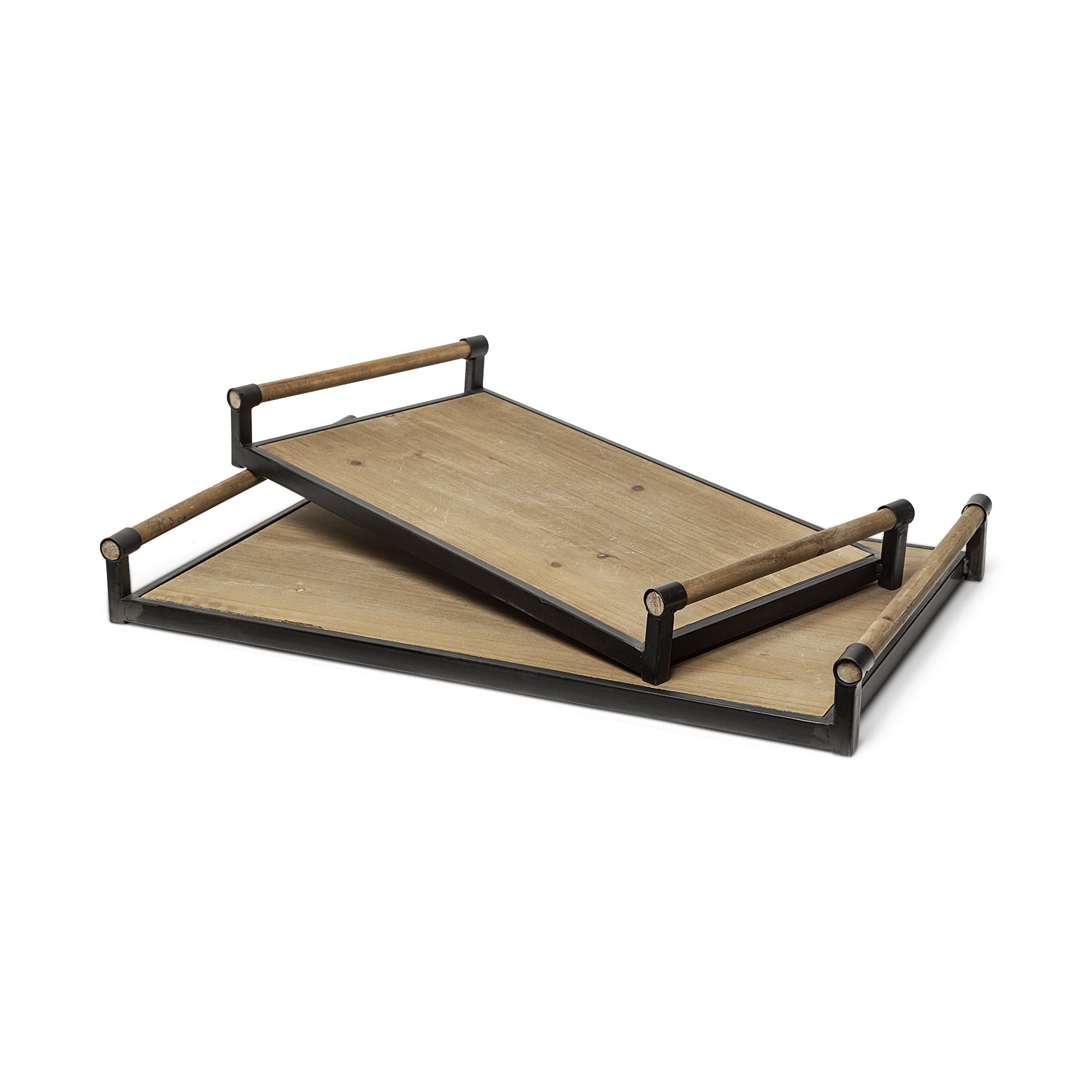 Mercana - Benson Brown Wood Black Metal Trays (Set of 2)