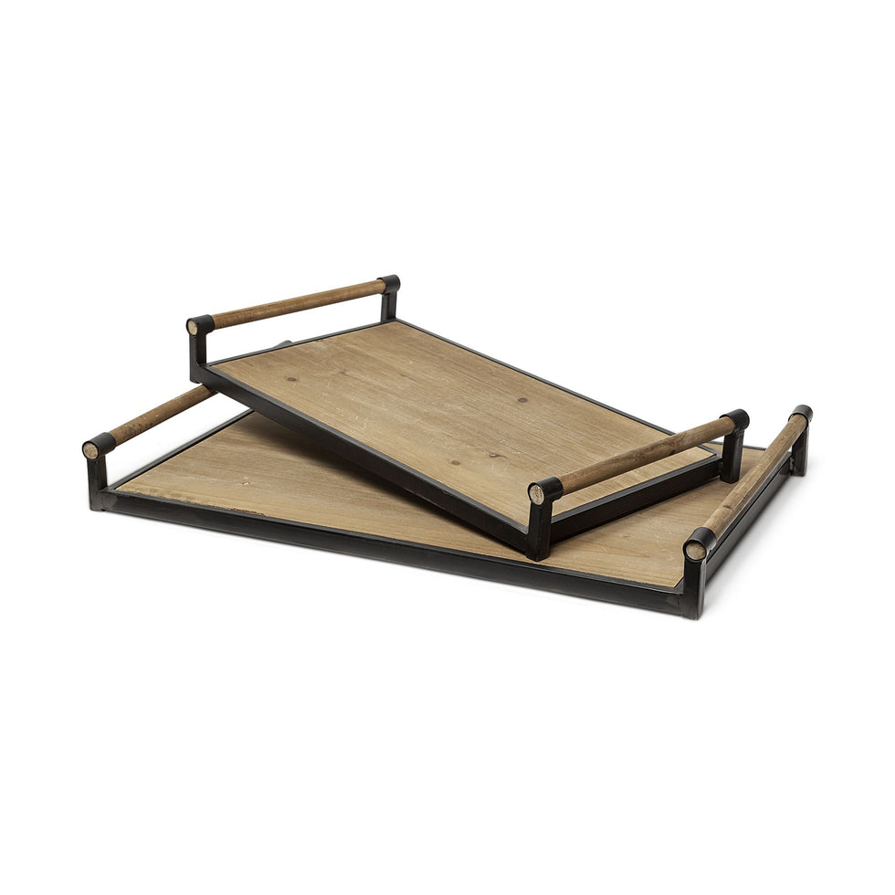 Mercana - Benson Brown Wood Black Metal Trays (Set of 2)