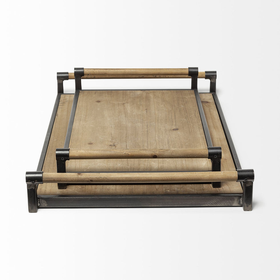 Mercana - Benson Brown Wood Black Metal Trays (Set of 2)