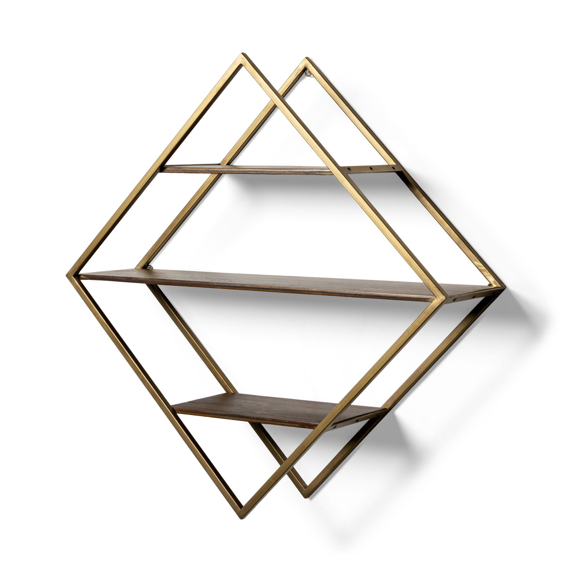 Mercana - Neil I Diamond Shape Wall Mounted Brass Frame w Three Wood Wall Shelves