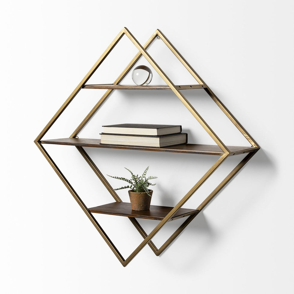 Mercana - Neil I Diamond Shape Wall Mounted Brass Frame w Three Wood Wall Shelves