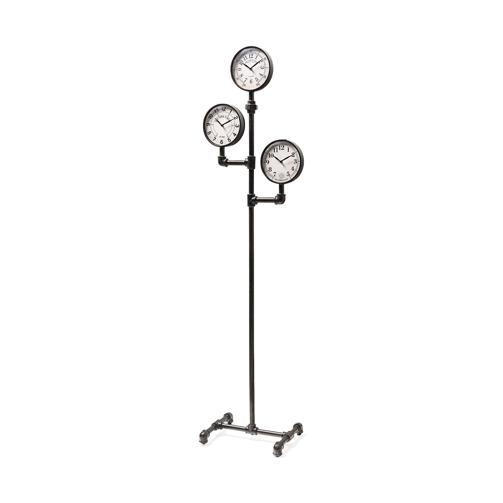 Mercana - Trifect Black Iron Pipe Three Face Floor Clock