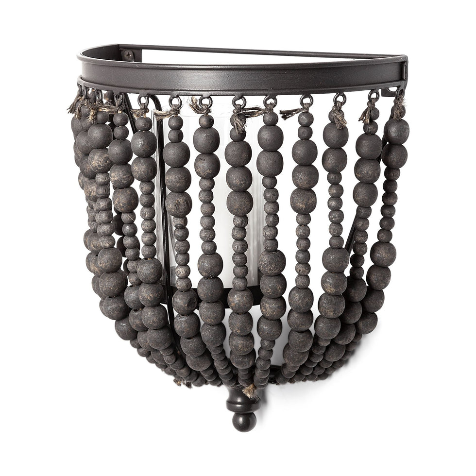 Mercana - Liam II 11"H Black Metal Frame with Wooden Beads Wall Candle Holder