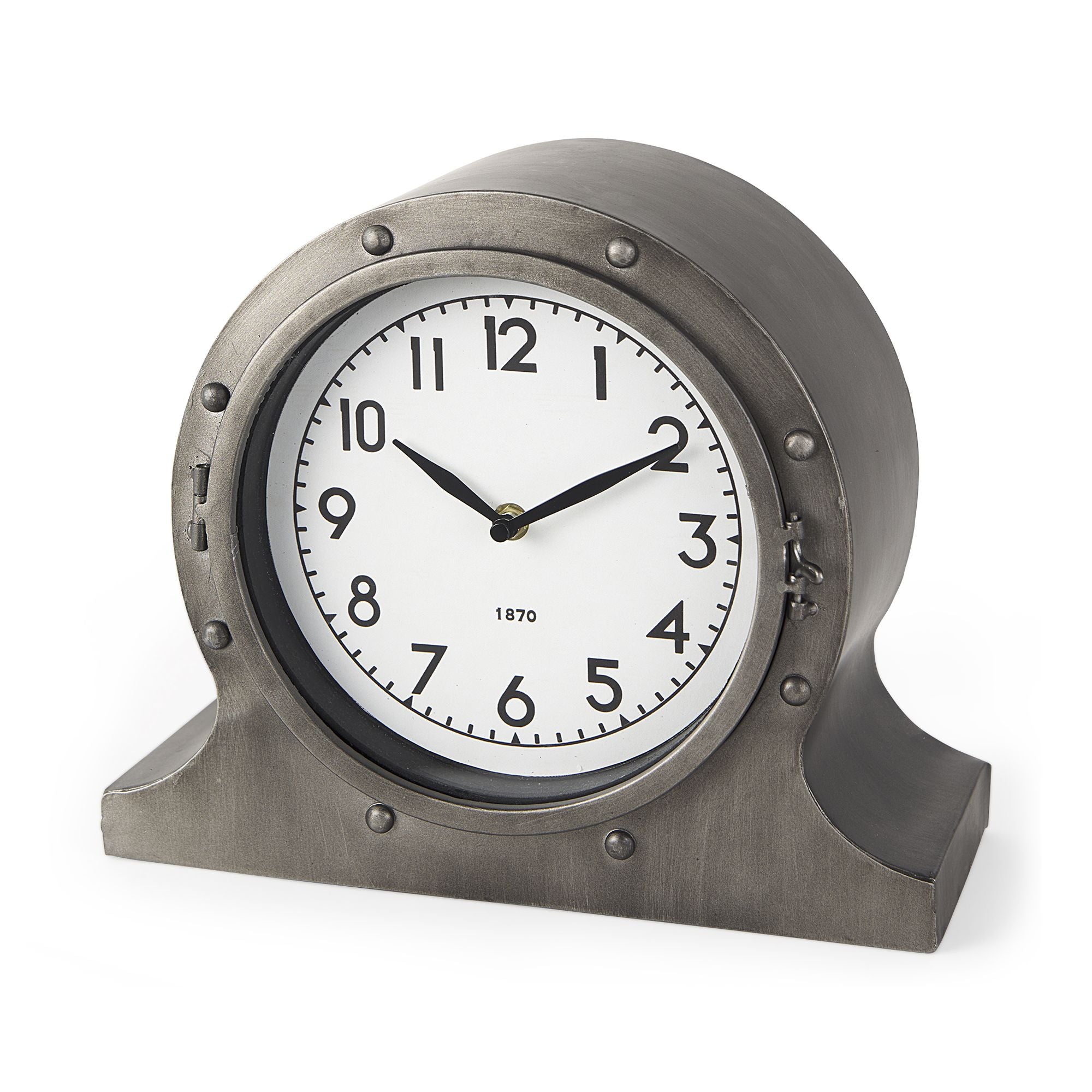 Mercana - Camden Gray Distressed Metal Porthole Table Clock