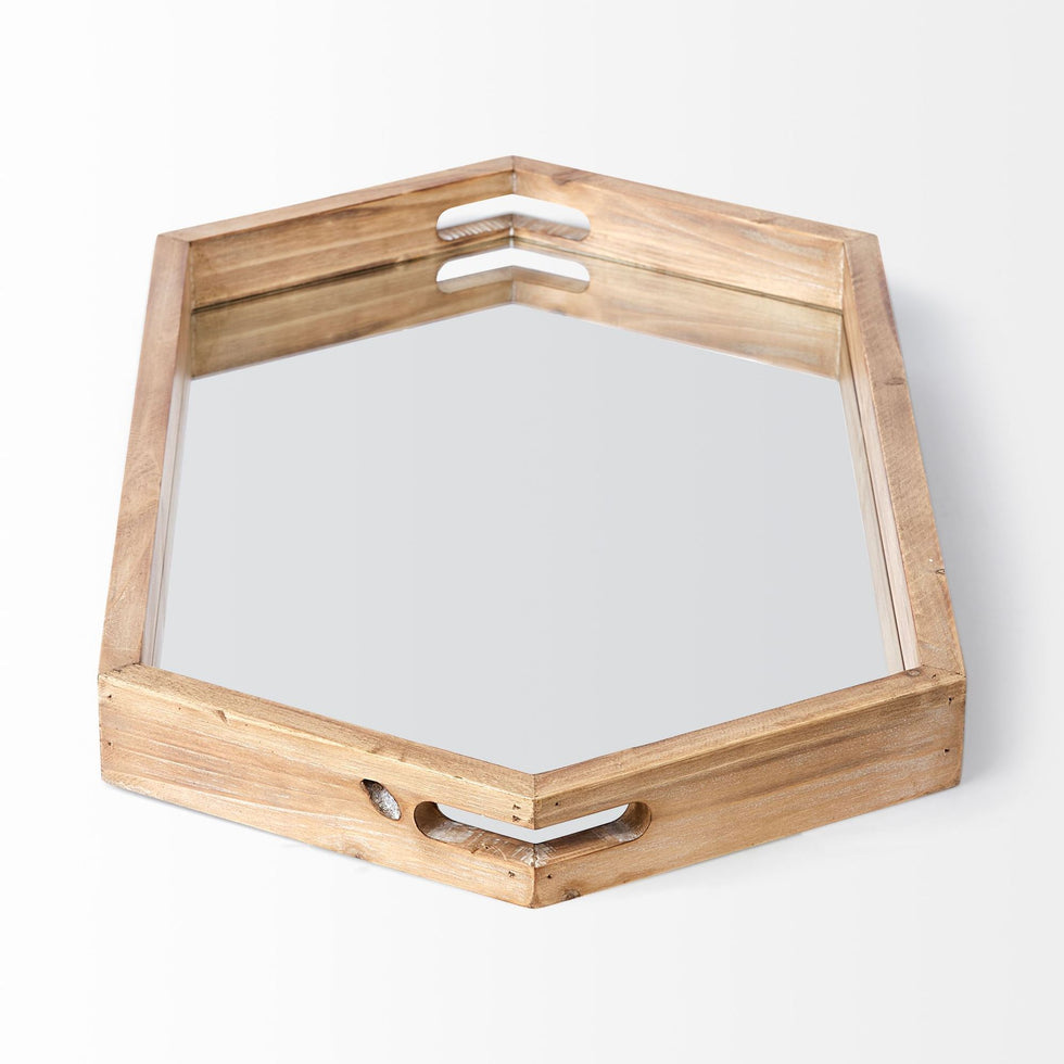 Mercana - Durden 29L x 16W Natural Wood Mirrored Hexagonal Tray