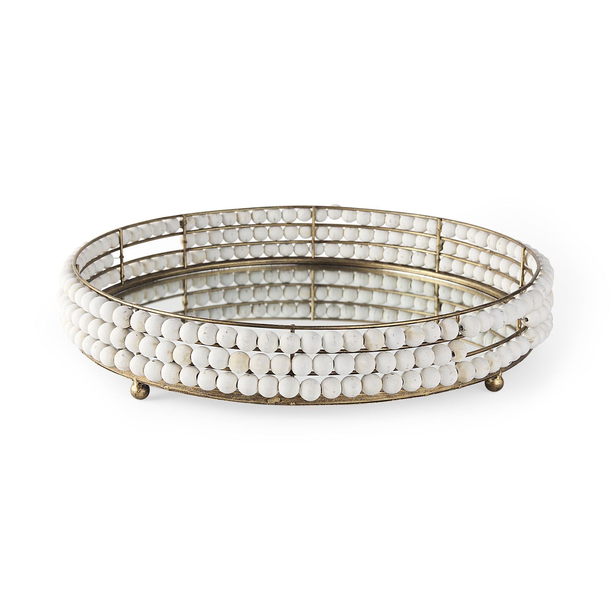 Mercana - Decatur I Wooden Bead Mirrored Bottom Round Tray
