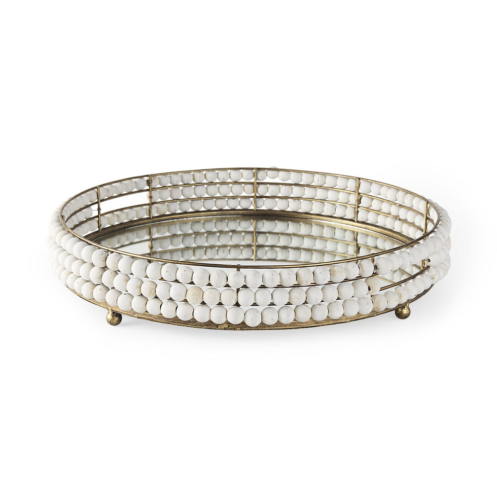 Mercana - Decatur I Wooden Bead Mirrored Bottom Round Tray