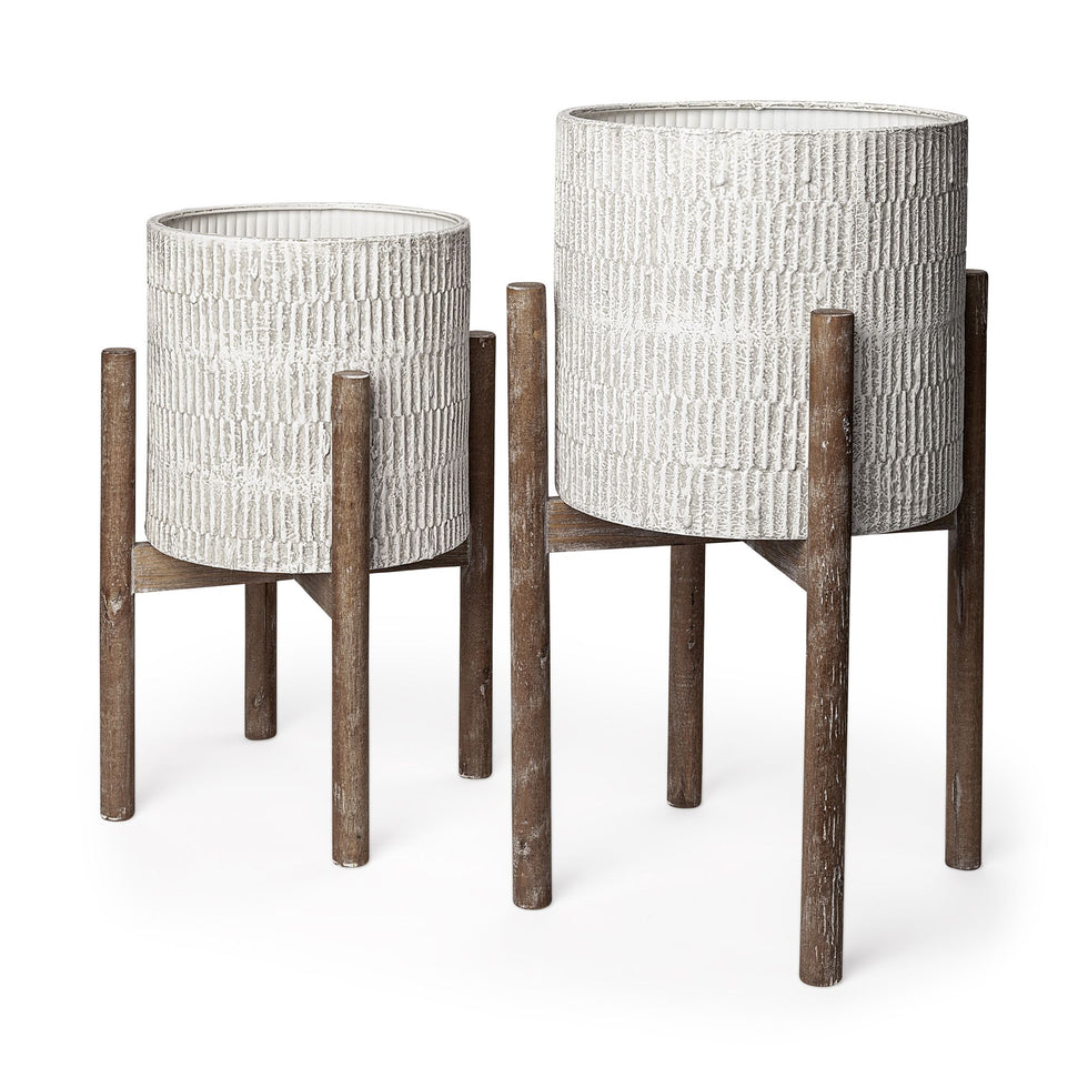 Mercana - Groot 11.8 x 23 Eggshell Ceramic Wooden Base Plant Stands (Set of 2)