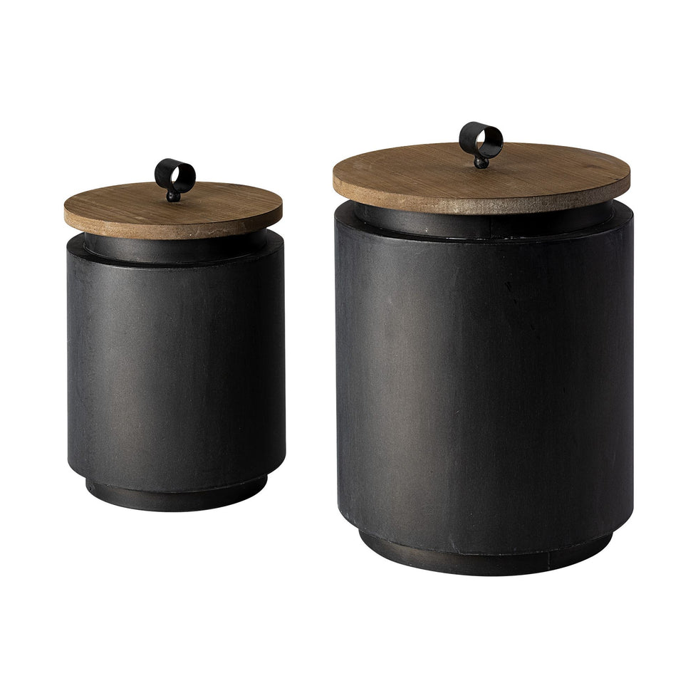 Mercana - Cyril Gray Metal with Brown Wood Lids Jars (Set of 2)